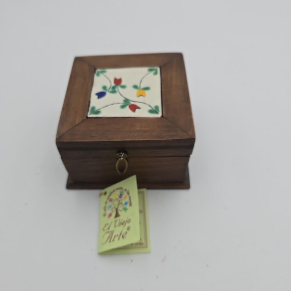 El Viejo Arte Handcrafted Wooden Keepsake Jewelry Box Hand Painted Ceramic Tile